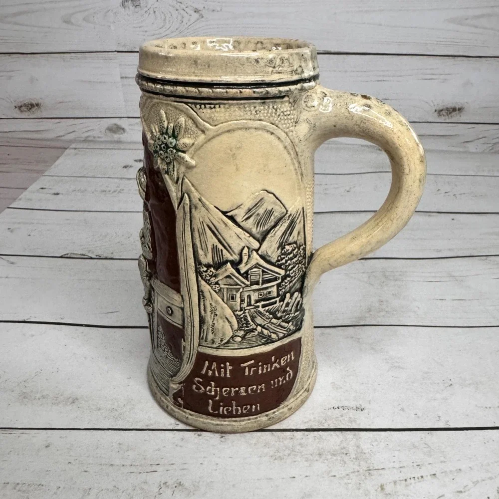 Vintage Zeitvertreib German Beer Stein Hand Painted Alpine Couple Mountain Cabin